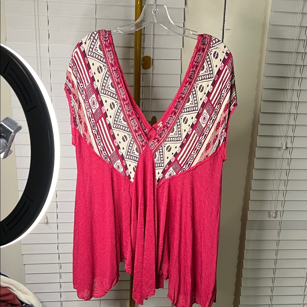 Free People Pink and Cream Tribal V-Neck Blouse